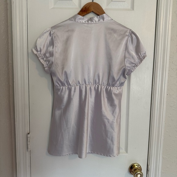Y2K White Satin Blouse with Puff Sleeve Detail Ruffles Medium - Picture 5 of 7